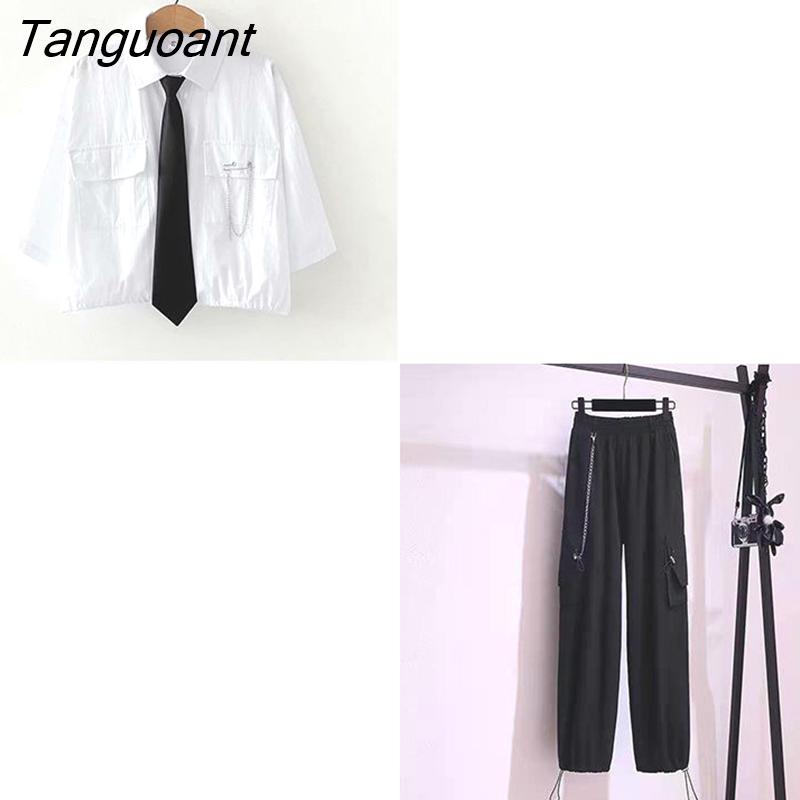 Tanguoant Women Sets Turn-down Collar Pockets Crop Tops Short Sleeve T-shirts Elastic Waist Chain Tie Feet Cargo Pants Casual Ulzzang Chic