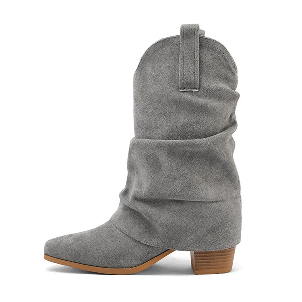 Vegan Suede Fold Over Block Heel Snip Toe Grey Mid Calf Cowgirl Boots
