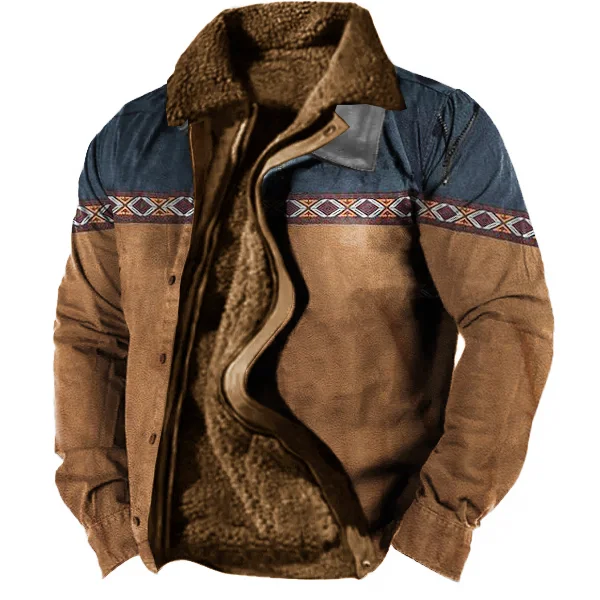 Men's Vintage Aztec Print Lining Plus Fleece Zipper Tactical Shirt Jacket