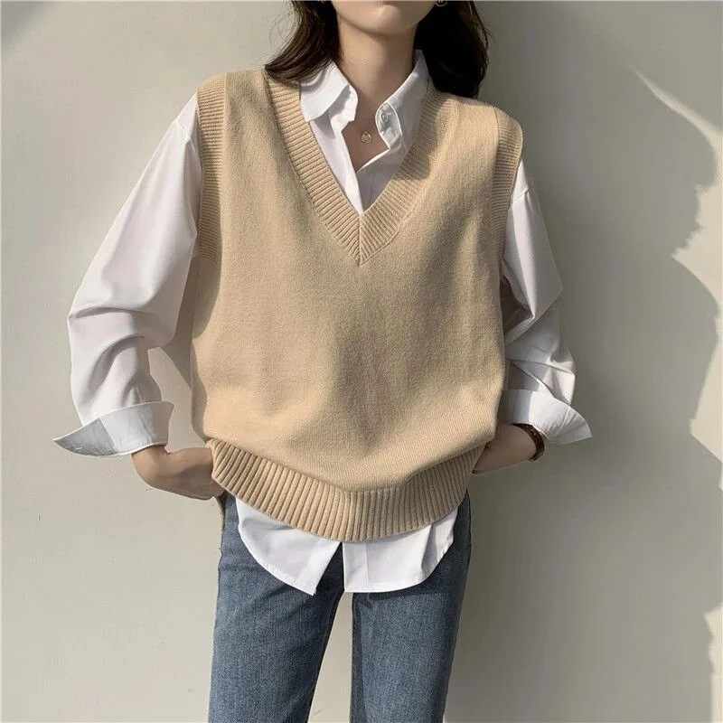 Fashion Sweater Vest Women Autumn V-neck Knit Pullover Female Solid All-match Casual Korean Sleeveless Vest Preppy Style Y2k