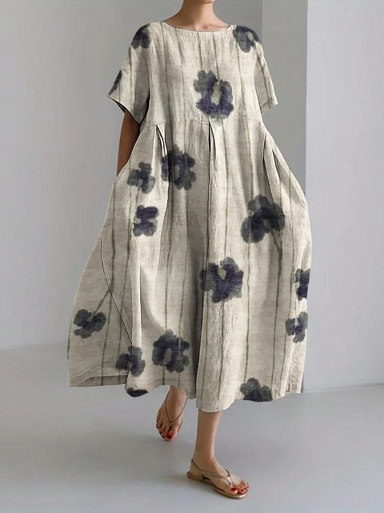 Comstylish Classy Floral Vines Flowy Linen Blend Maxi Dress