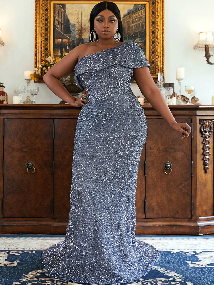 Plus Size One Shoulder Mermaid Maxi Sequin Grey Prom Dress PXH2123