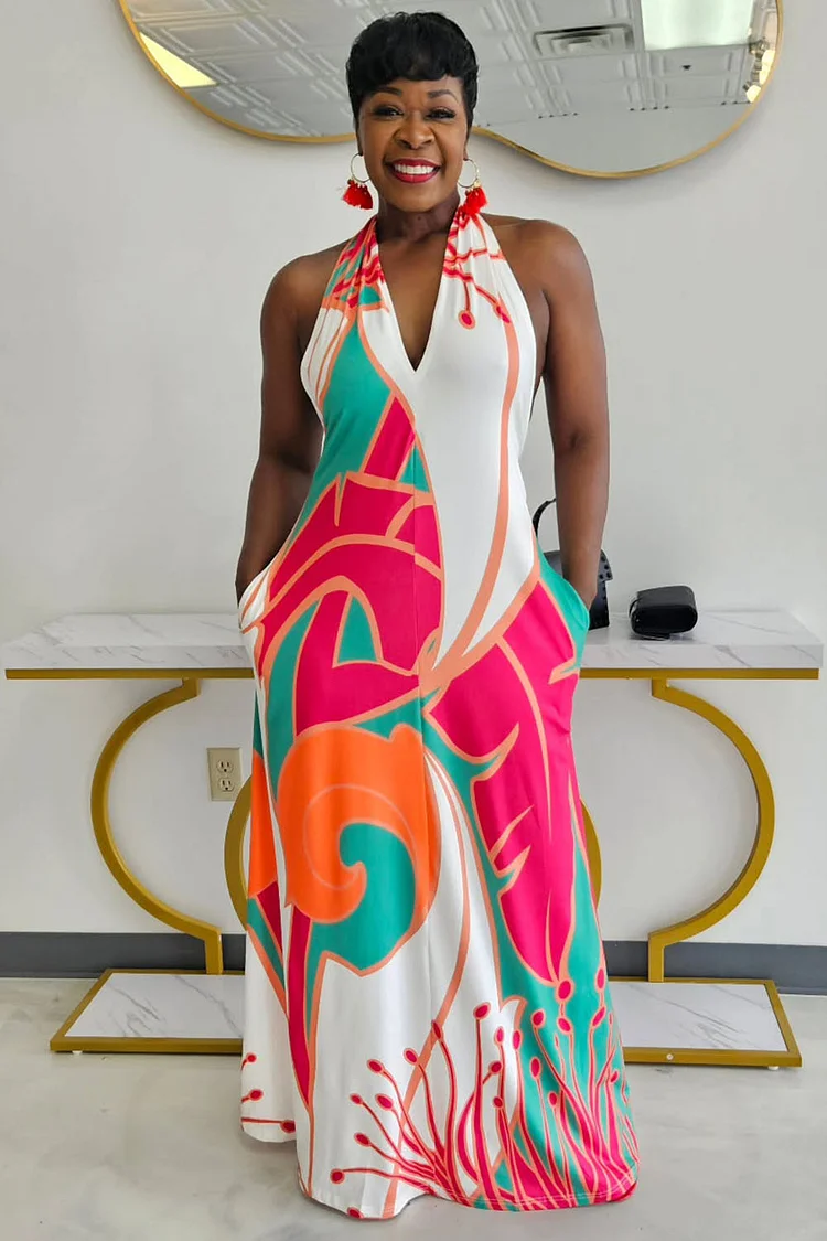 Geometric Print Halter V Neck Backless Vacay Maxi Dresses-White [Pre Order]