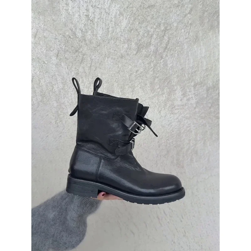 Breakj Breakj Belt Buckle Short Barrel Knight Boots Coarse And Western Cowboy Boots Women Thin Round Head Locomotive Short Boots