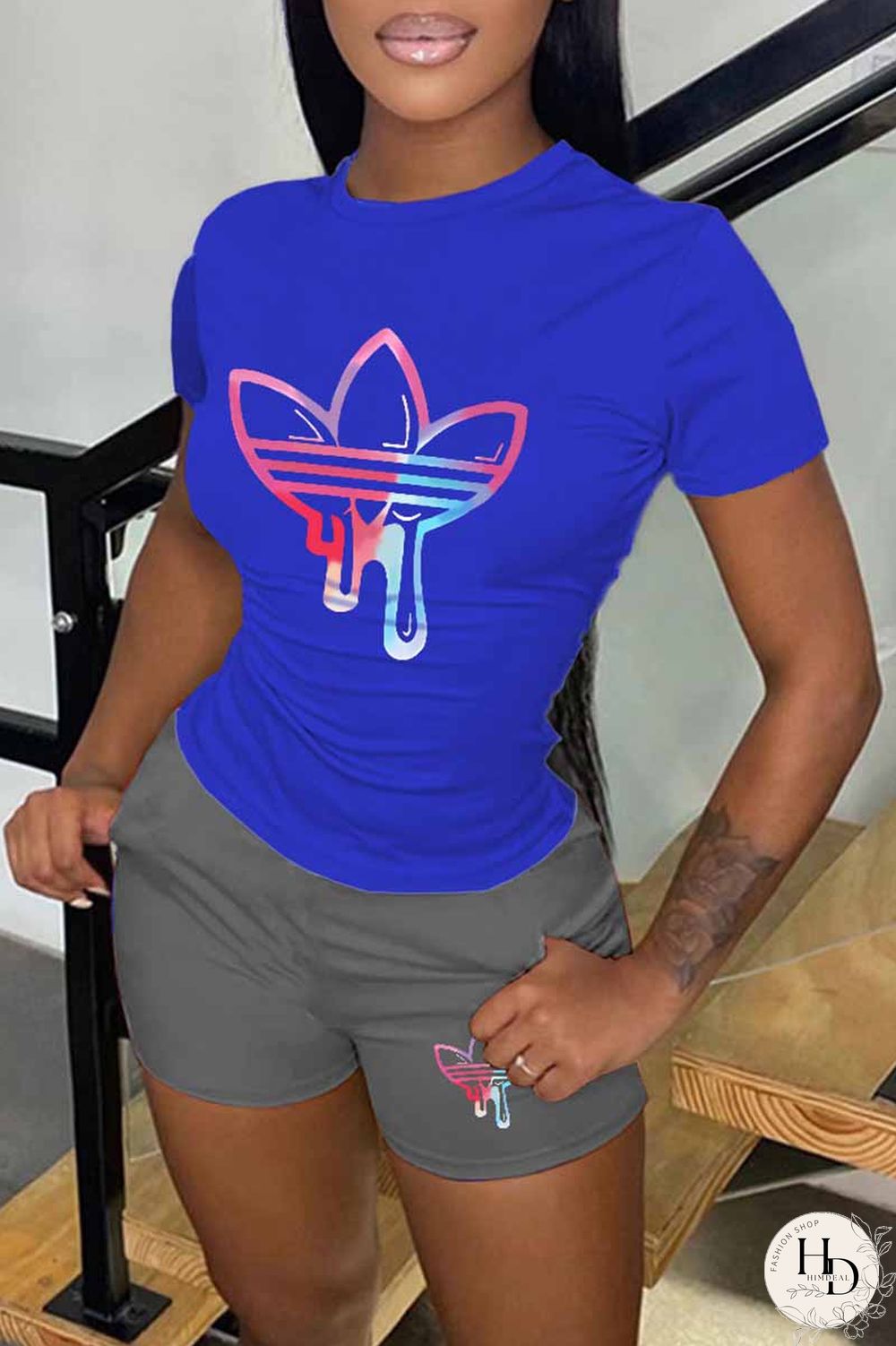 White Casual Print Patchwork O Neck Short Sleeve Two Pieces