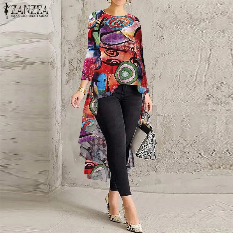 ZANZEA Summer Asymmetrical Blouse Fashion Women Floral Printed Tops Bohemian High Low Long Shirt Casual Long Sleeve Blusa Mujer7