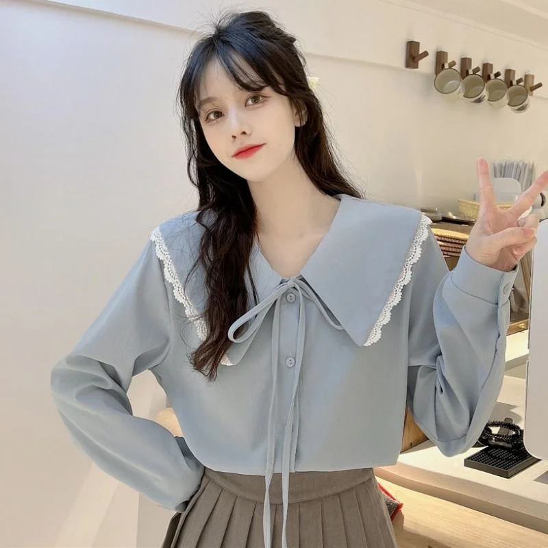 Jangj Blue Shirt Women's 2022 Spring and Summer New French Peter Pan Collar Loose Shirt Girls Long-sleeved Solid Color Blouse