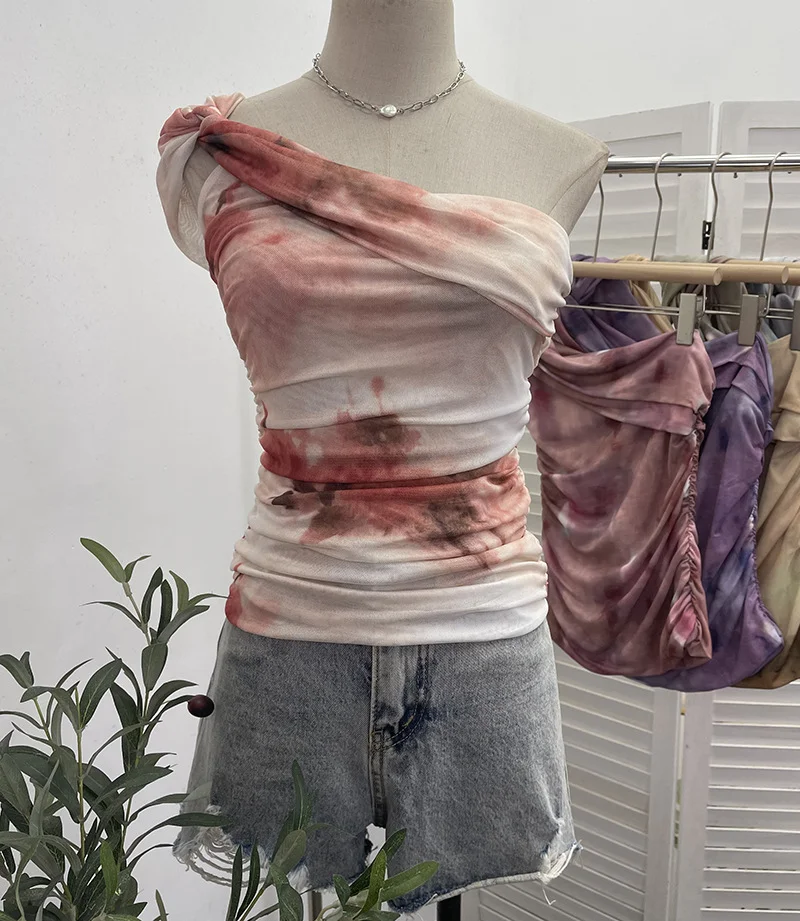 Churchf Net Yarn Printed Slanted Shoulder Sling Vest Retro Design Folding Temperament Short Blouse 8009