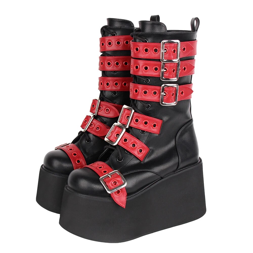 TAAFO Women Motorcycle Cool Punk Boots Lady Dark Style Shoes Woman Gothic High Heels Pumps Straps Plus Size 