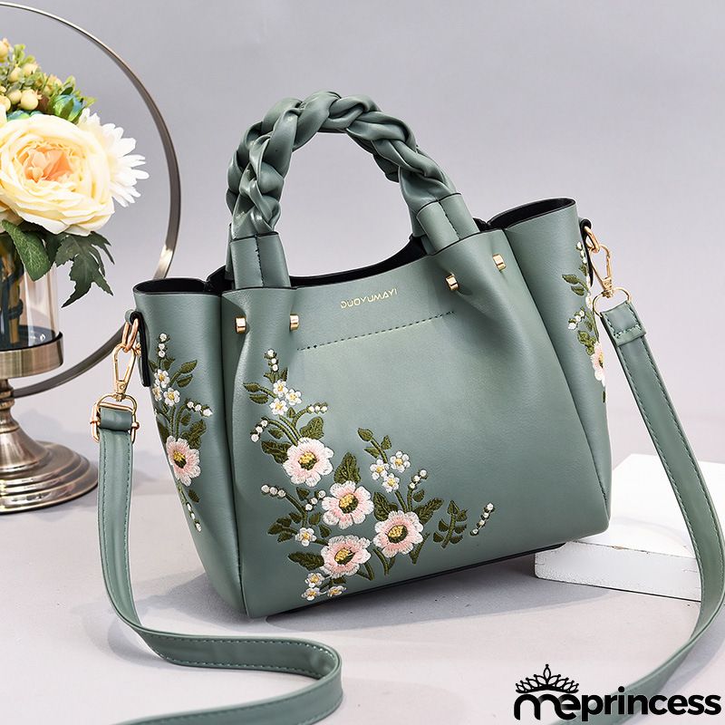 Women Vintage Flower Design Graphic Pattern Solid Color Large Capacity Shoulder Handle Bag