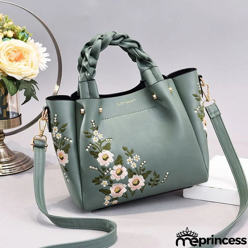 Women Vintage Flower Design Graphic Pattern Solid Color Large Capacity Shoulder Handle Bag