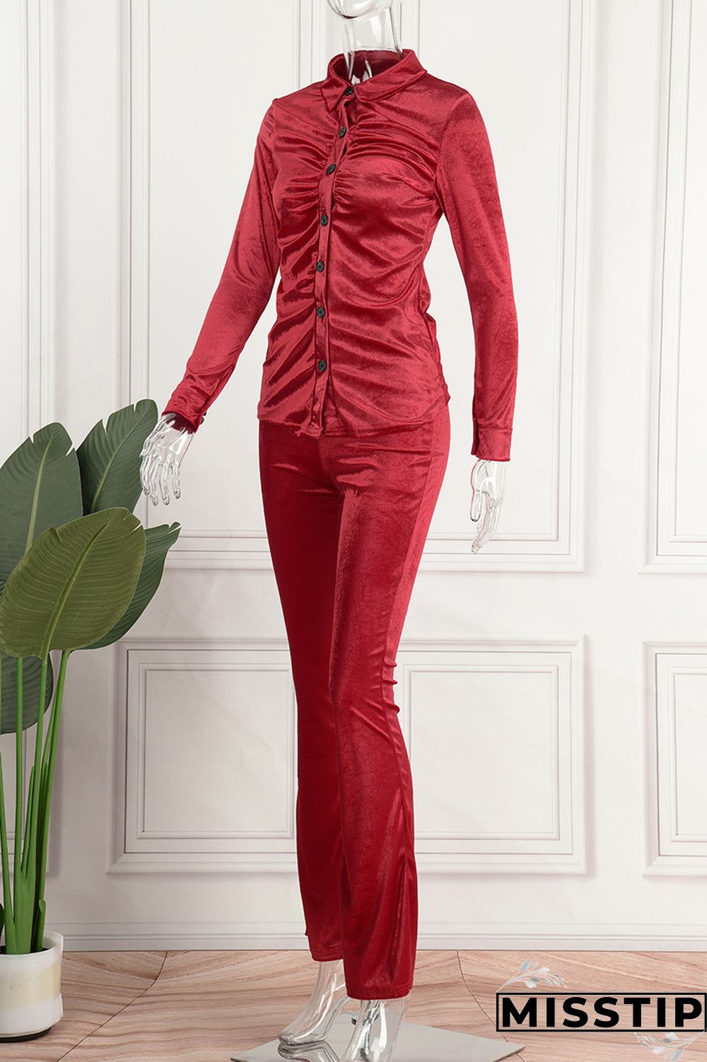 Brown Street Solid Fold Turndown Collar Long Sleeve Two Pieces