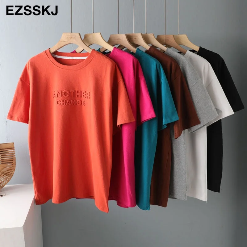 spring summer Women basic 3D Letter T-shirt Casual Loose short sleeve bottom candy color cotton T-shirt  Female Thick Tops