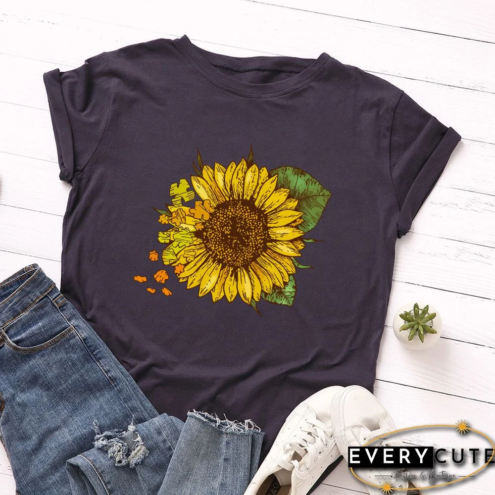 Navy Blue Sunflower Print Cotton Short Sleeve Tees