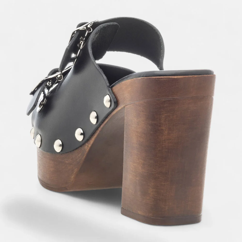 Open-Toe Double Buckle Strap Black Platform Sandals with Studs