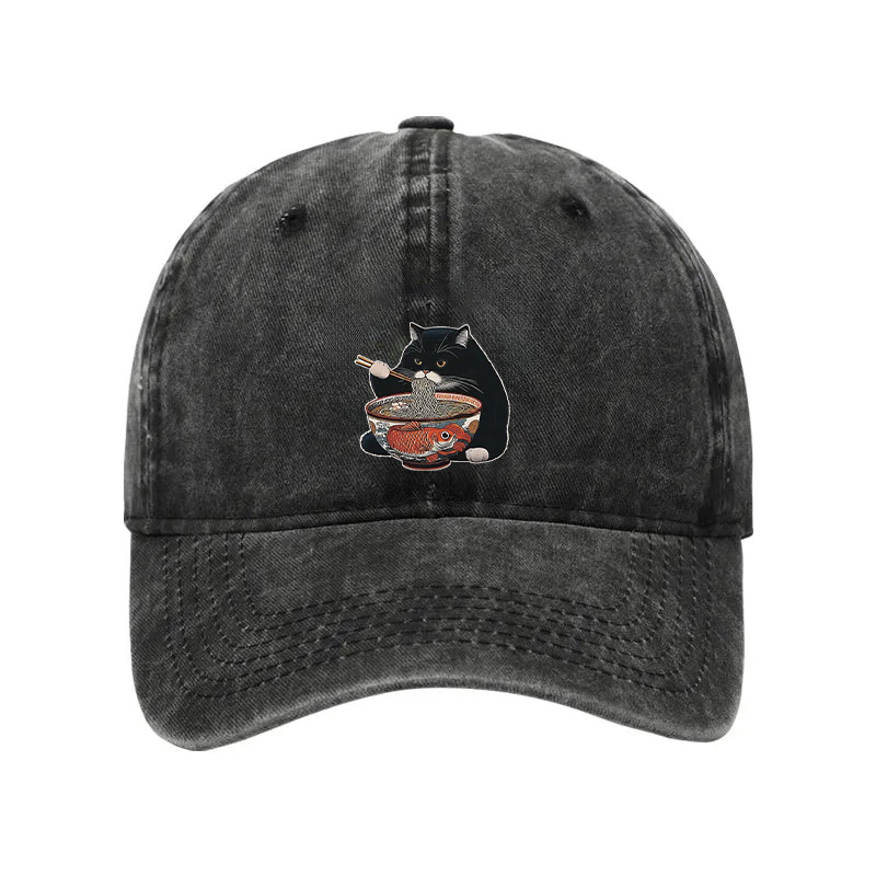 Comstylish Fat Cat Eating Ramen Washed Cap