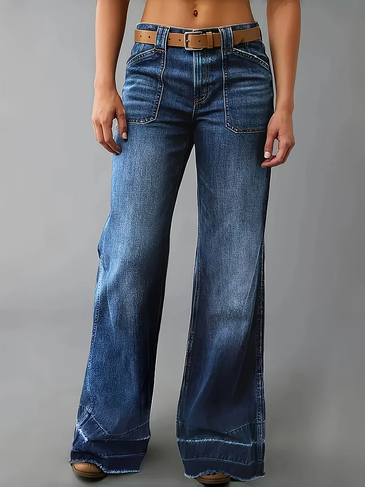 Women's Plus Size Low-Rise Stretch Denim Straight-Leg Pants - Frayed Hem Floor-Length H-Line Silhouette, Soft Comfortable Machine-Washable Casual Versatile For Spring & Summer, Casual Attire, Flattering Silhouette, Medium Elasticity