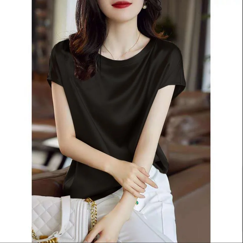 Vintage Satin Short Sleeve Basic Tee Shirt Woman Clothes 2022 Summer New Fashion Casual Tops Loose Oversized T-shirt Female 4XL