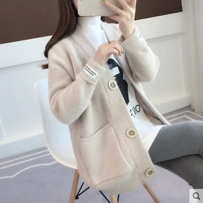 Ailegogo Spring Autumn Big Button Single Breasted Lazy Loose Pocket Solid Knitted Warm Soft Women Lady Cardigan Sweater