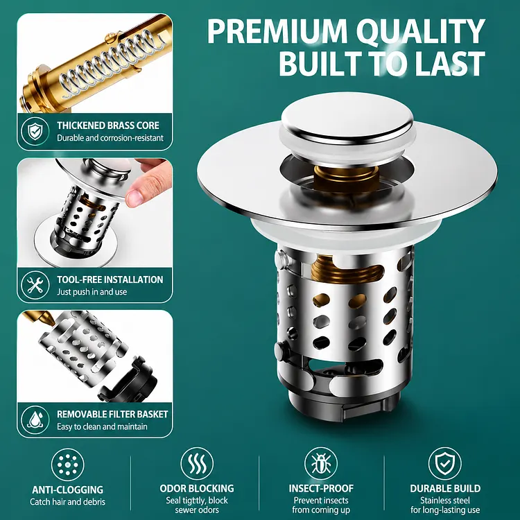3-in-1 Anti-Clogging Sink Drain Strainer with Brass Core