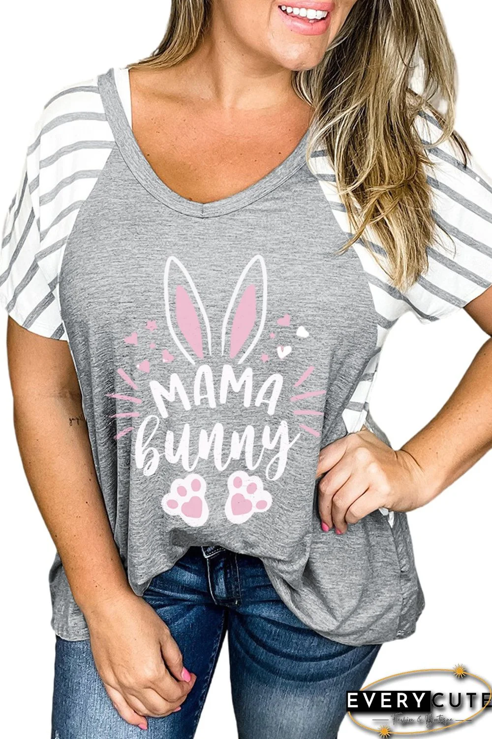 Gray MAMA Bunny Print Striped Short Sleeve Plus Size T-shirt