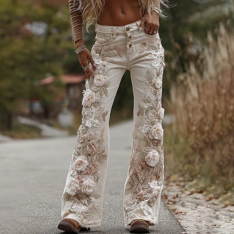 Women's Classic Rose Floral Embroidery Art Loose Jeans