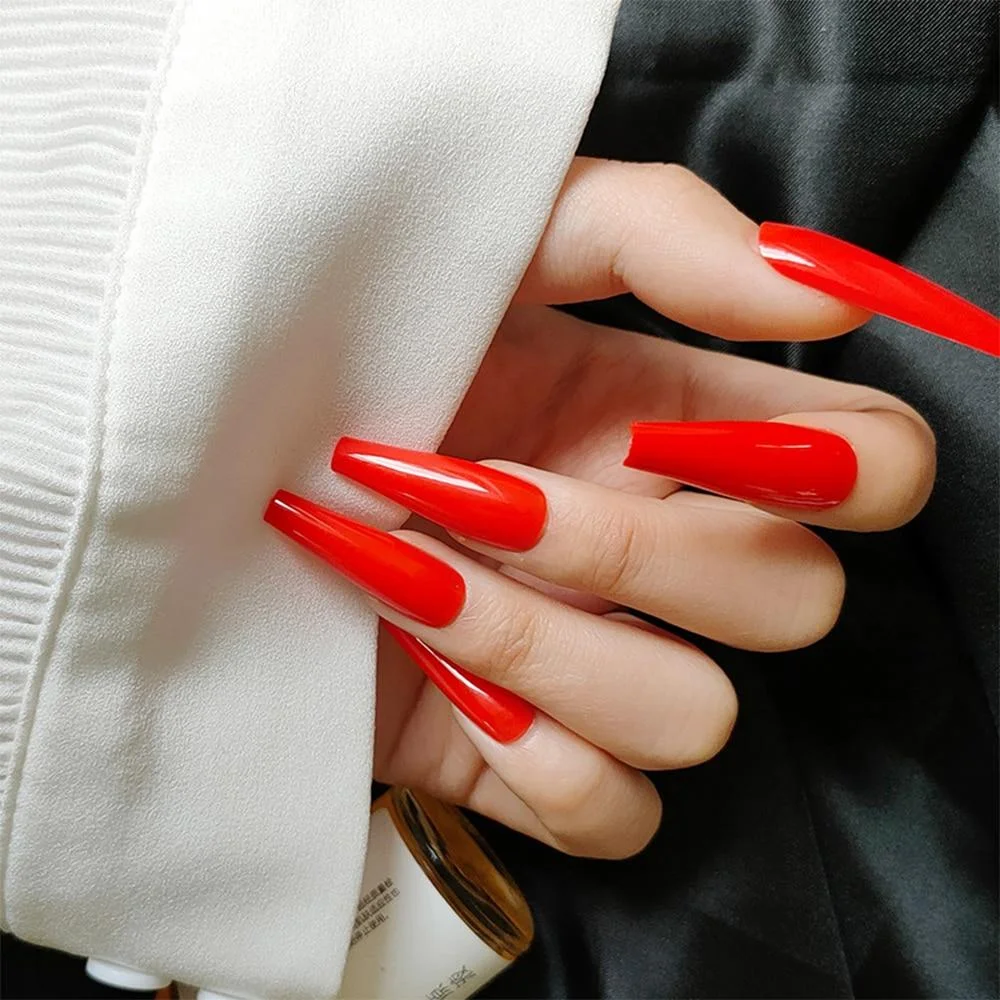 24Pcs Detachable False Nails Long Ballerina Artificial Fake Nails Full Cover Jelly Red Coffin Nail Tips DIY Manicure Tool 0917-Nail Inspo