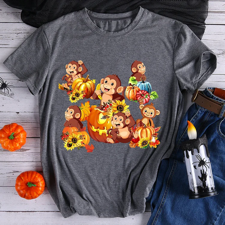 Cute Monkeys Pumpkins And Sunflower Halloween T-shirt Tee -595735