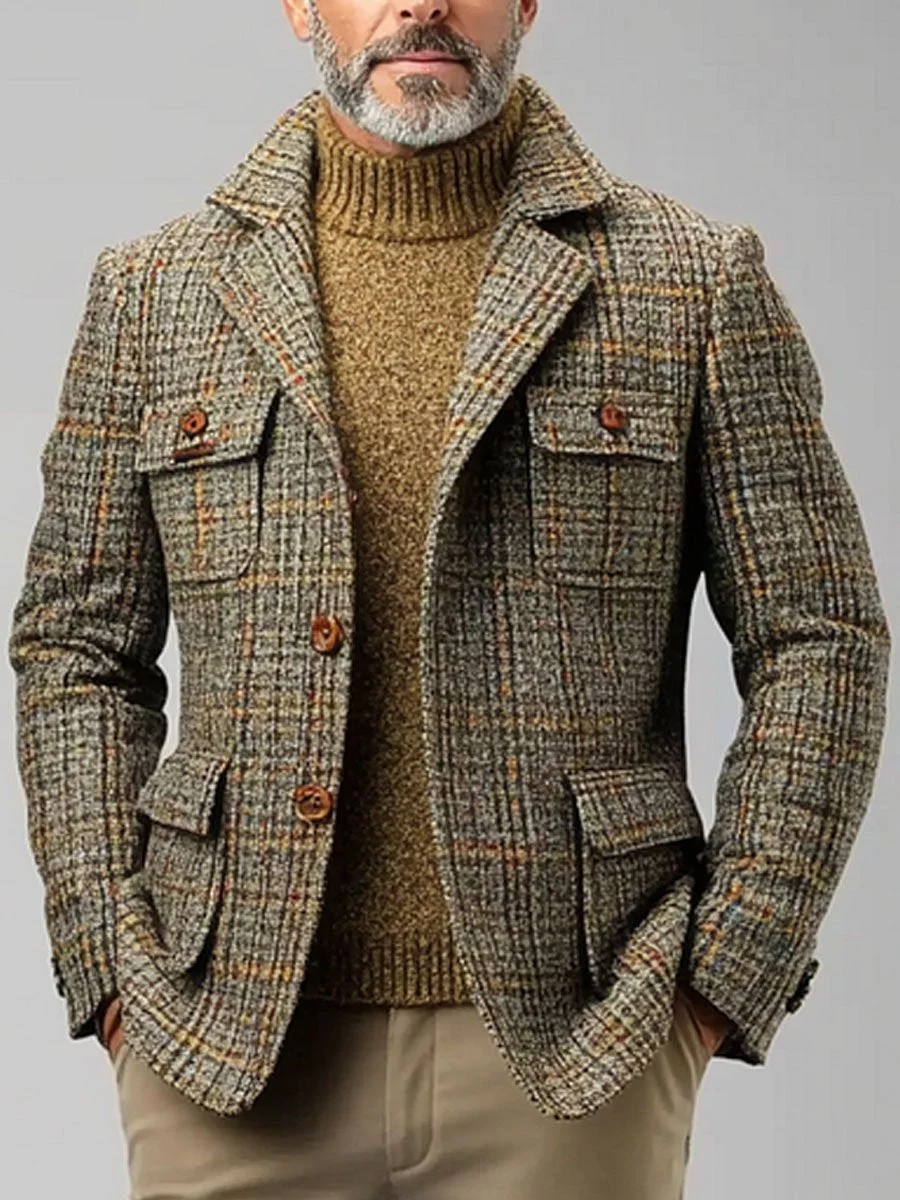 Men's Lapel Single Breasted Multi-Pocket Casual Vintage Plaid Coat