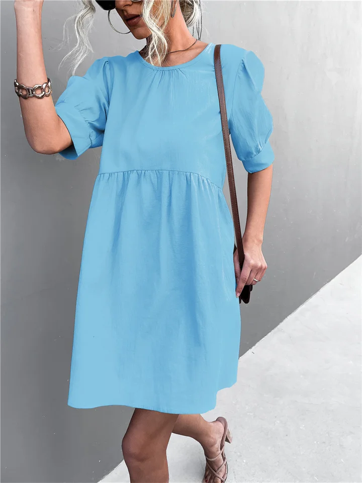 Solid Color Round Neck Button Bubble Sleeve Dress