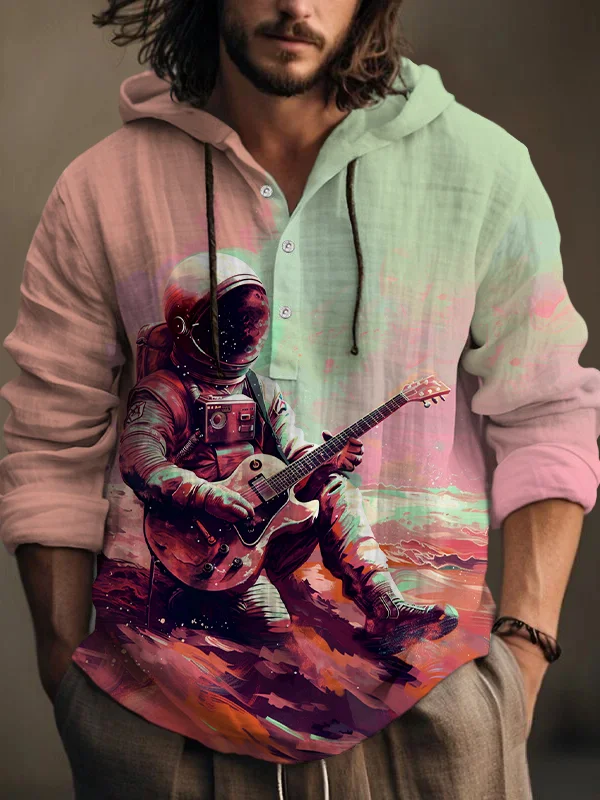 Men's Surreal Outer Space Music Print Hooded Long Sleeve Shirt