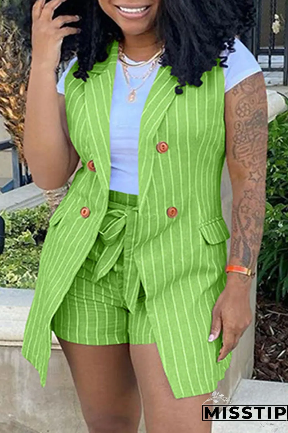 Khaki Fashion Casual Striped Print Patchwork Cardigan Turndown Collar Plus Size Two Pieces (Without T-shirt)