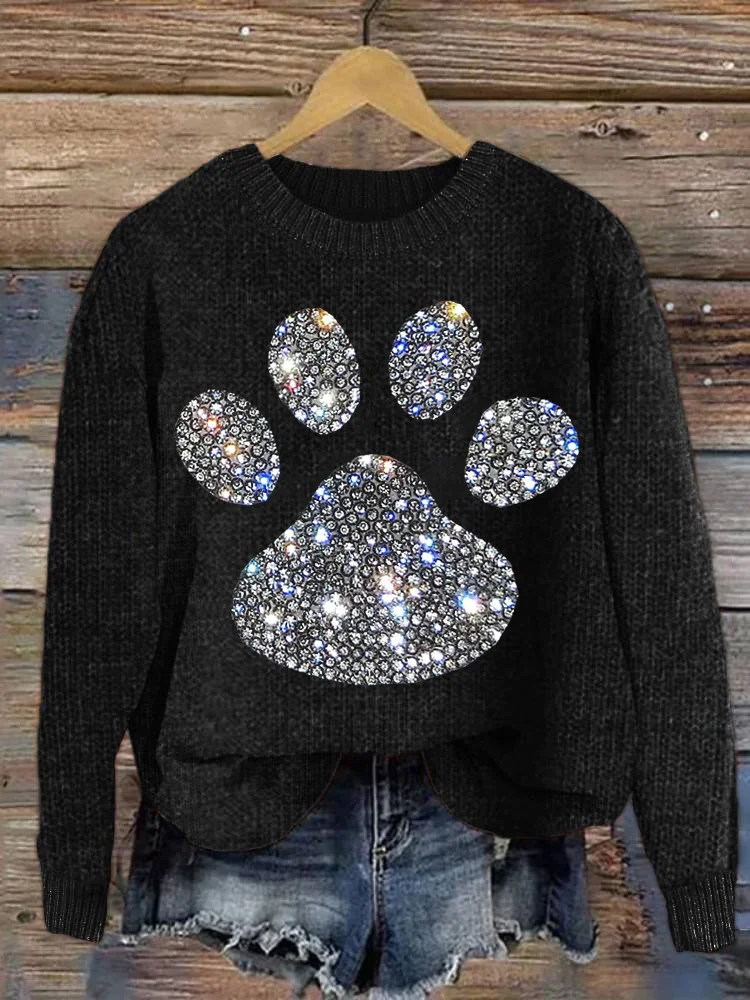 VChics Rhinestone Animal Paw Casual Cozy Knit Sweater