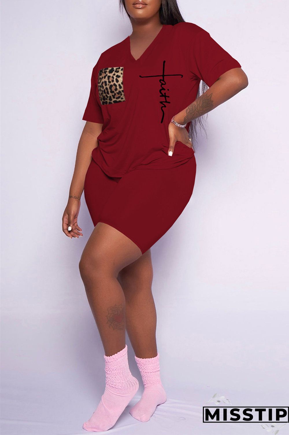 Dark Gray Fashion Casual Print Basic V Neck Short Sleeve Two Pieces