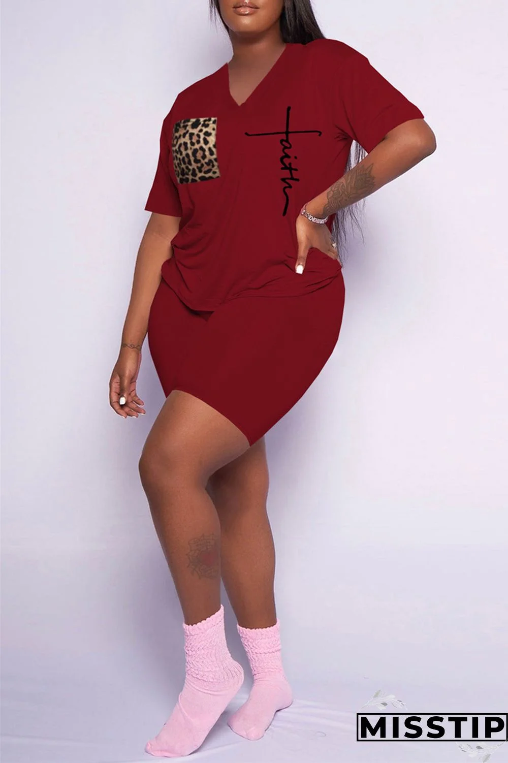 Dark Gray Fashion Casual Print Basic V Neck Short Sleeve Two Pieces