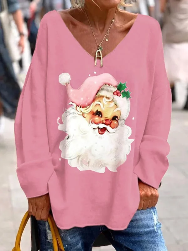 Casual Pink Santa Claus Printed Long-sleeved V-neck Loose Top