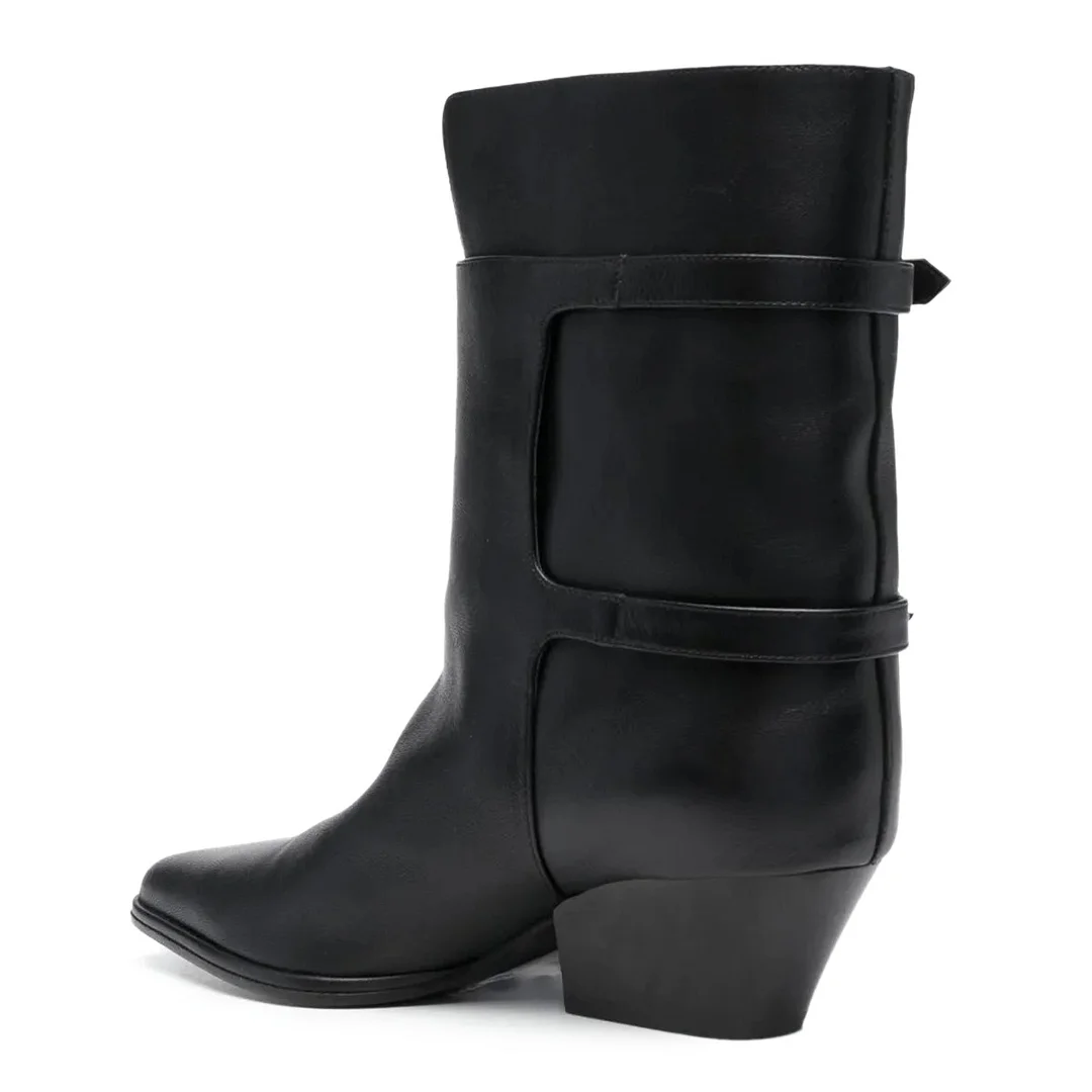 Black Pointed Toe Chunky Heel Buckle Strap Short Boots for Women
