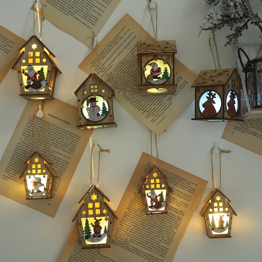 Led Light Wood House Christmas Tree Decorations For Home 2020 Christmas Tree Hanging Ornaments Navidad New Year Xmas Kids Gift