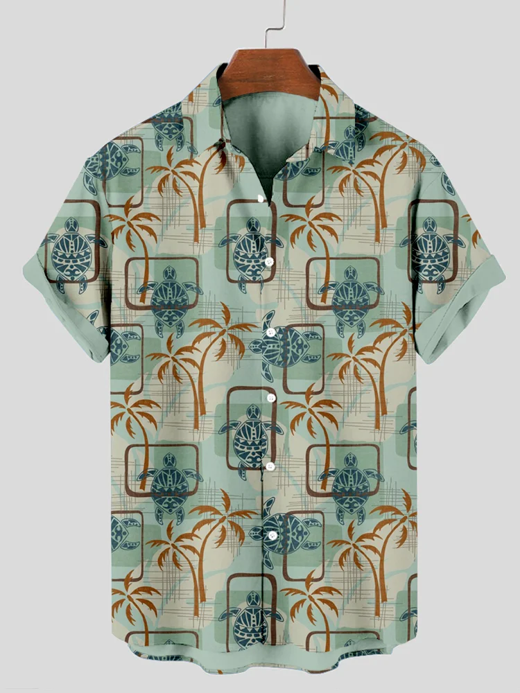 Comstylish Turtles & Palm Trees Linen Blend Comfy Hawaii Shirt