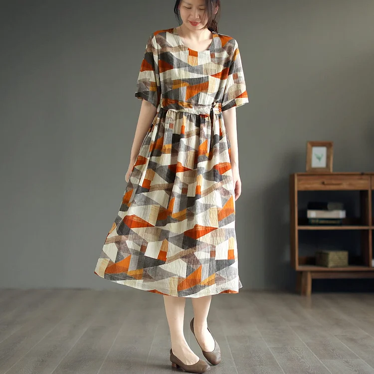 Summer Casual Stylish Print Linen Midi Dress