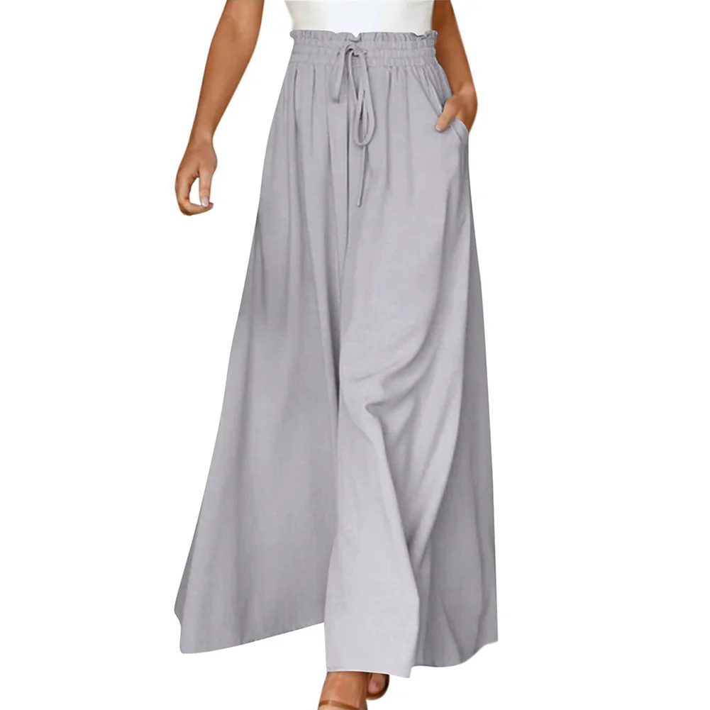 Light Gray Elastic Waistband Wide Leg Long Culottes