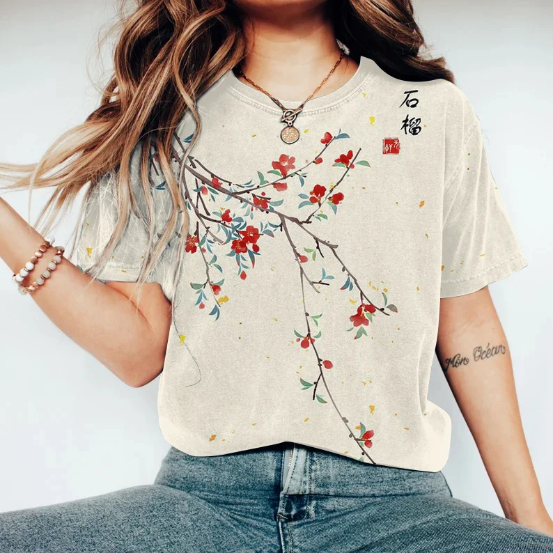 Vintage Japanese Art Floral Round Neck T-Shirt