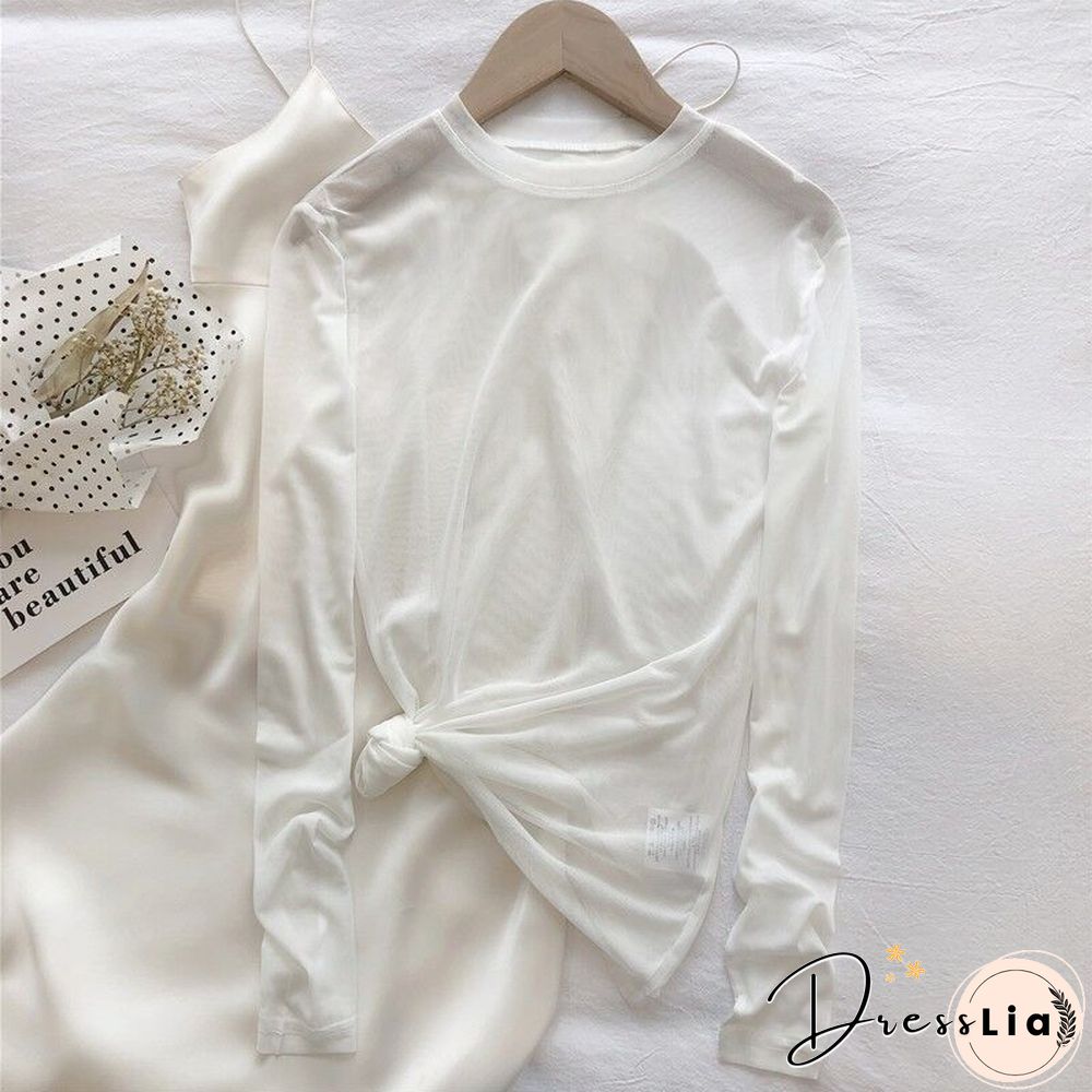 Oumea Women Beach Cover-Up Sheer Mesh Top Beach Wear Hawaiian Mesh Shirt Long Sleeve Casual Candy Color Solid Sweet Mesh Top