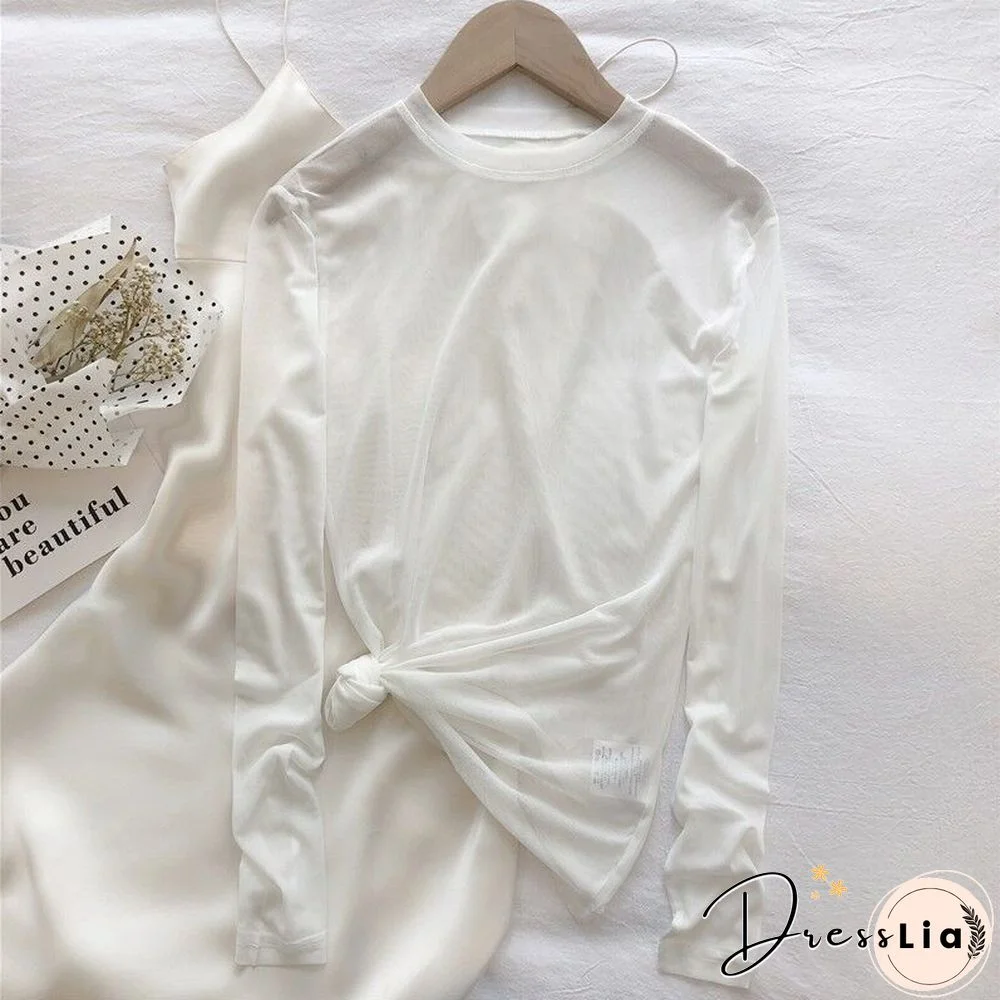 Oumea Women Beach Cover-Up Sheer Mesh Top Beach Wear Hawaiian Mesh Shirt Long Sleeve Casual Candy Color Solid Sweet Mesh Top