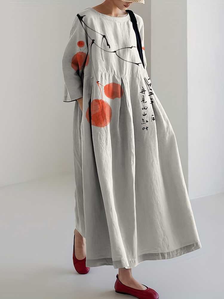 Comstylish Vintage Art Printed Crew Neck Casual Midi Dress