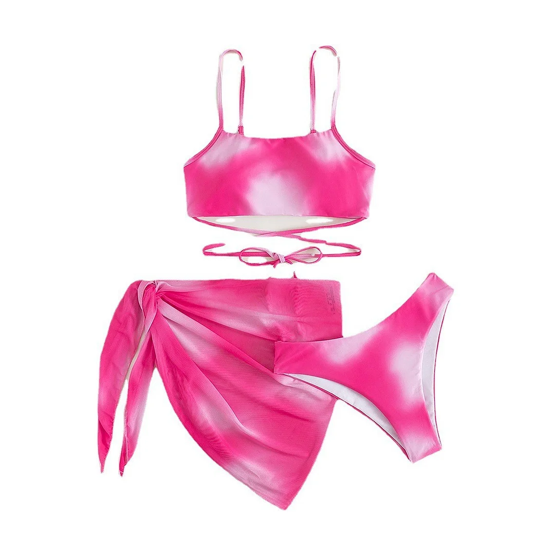 Churchf 2025 Tie-Dye Bikini Women's Three-Piece Mesh Dress Split Bikini Swimsuit