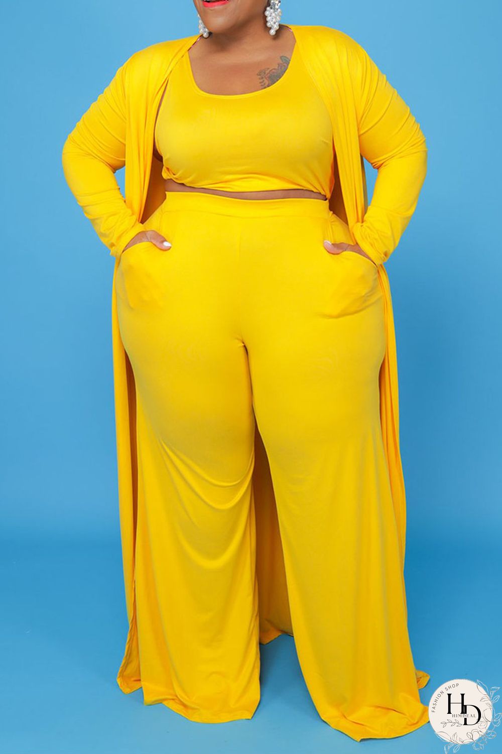 Yellow Casual Solid Patchwork U Neck Plus Size Two Pieces