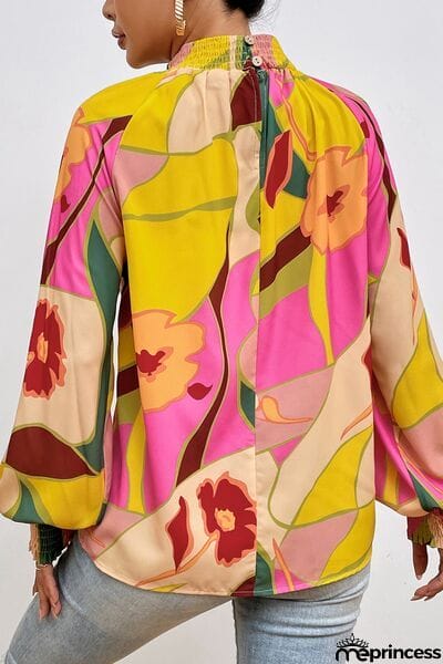 Floral Smocked Lantern Sleeve Mock Neck Blouse
