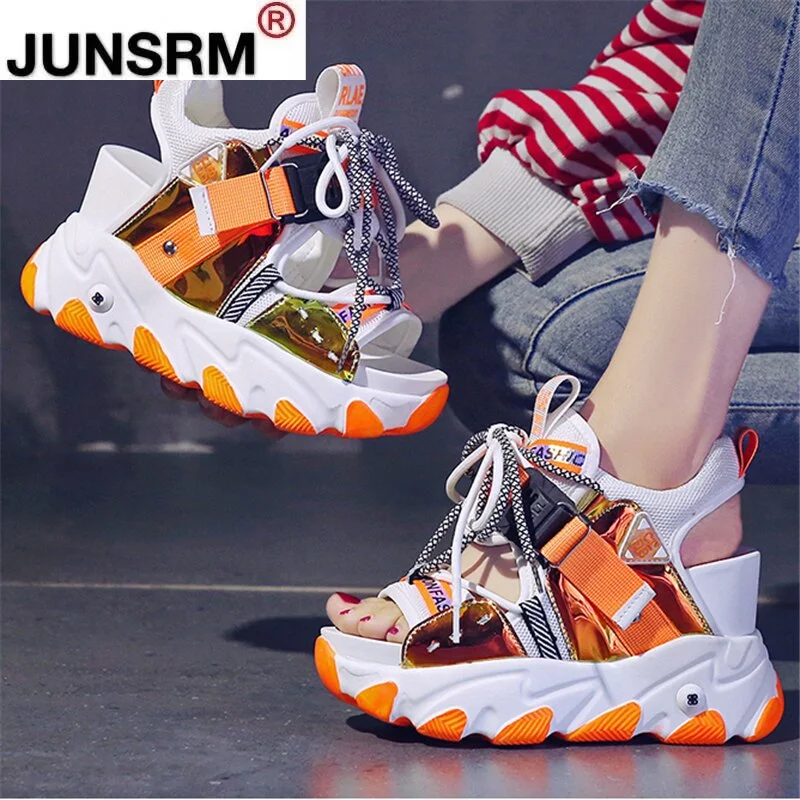 Women Chunky Platform Sandals Fashion Summer Mixed Colors 9cm Wedge Female Beach Shoes Sweet Campus Style Open Toe High Heels