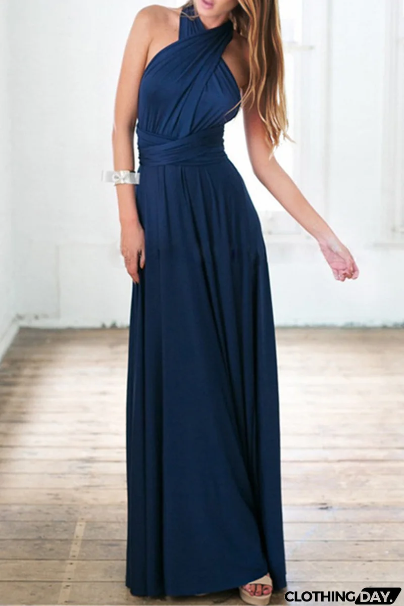 Fashion Elegant Solid Patchwork Backless Strap Design Evening Dress Dresses(20 Colors)